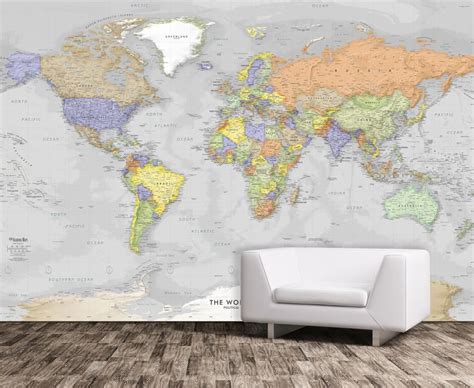 World Map Mural World Map Decal Detailed Gray Oceans Etsy All World