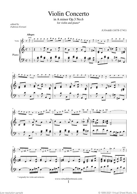 Free Vivaldi Violin Concerto In A Minor Op3 No6 1st Sheet Music