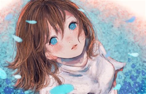 Wallpaper Tears Anime Girl Crying Petals Aqua Eyes Resolution X Wallpx
