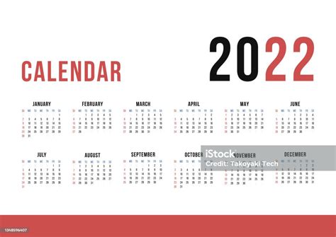 Templat Kalender Dinding Satu Halaman Untuk Tahun 2022 Minggu Dimulai