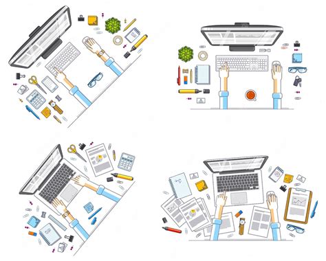 Premium Vector Work Desks Workspaces Top View With Hands Of Office