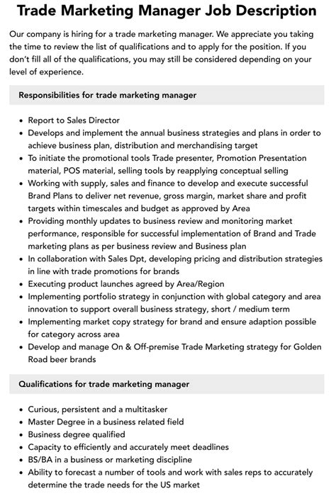 Trade Marketing Manager Job Description Velvet Jobs
