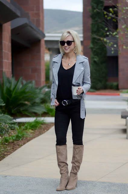Grey Moto Jacket Black On Black Taupe Knee High Boots On The Daily