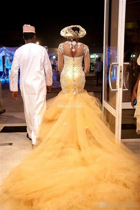 African Traditional Wedding Dresses Nigeria Gold Wedding Gowns 2016 Crystal Beads Sheer Tulle