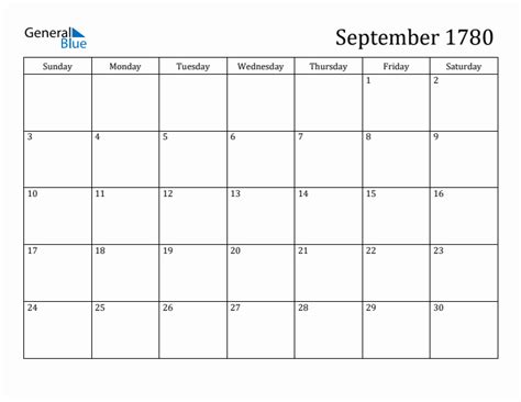 September 1780 Calendar Pdf Word Excel