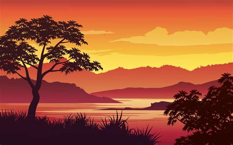 Lake And Mountain Sunset Illustration Tree And Grass In Silhouette