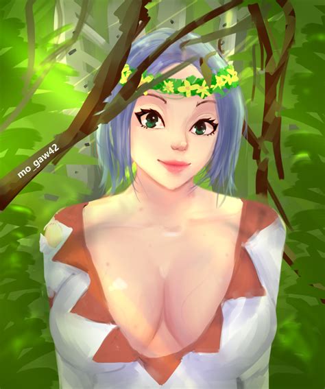 rule 34 blue hair breasts female forest highres mo gaw42 nature self upload short hair smile