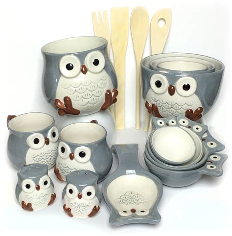 Deluxe 17 Pc Owl Dolomite Kitchen Counter And Tabletop Set With Mixing Bowls Mugs
