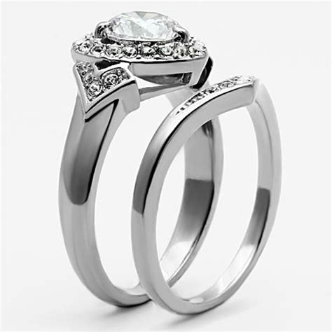 Artk1087 Stainless Steel 275 Ct Round Cut Cz Halo Heart Wedding Ring Set Womens Sz 5 10