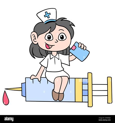 An Editable Vector Of A Black Haired Nurse Sitting On A Huge Injection Syringe A Vaccination