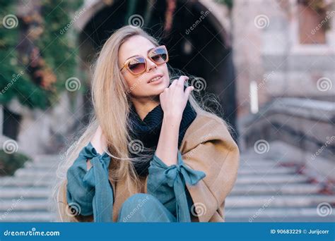 Blonde Woman In Sunglasses Outdoors City Walk Stock Image Image Of