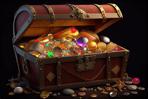 Pirate Treasure Chest Filled With Golden Coins Gems And Jewels Stock