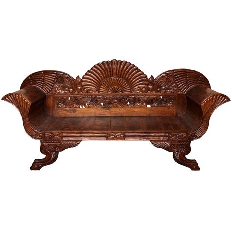 Indonesian Teak Settee With Detailed Carvings From Jakarta 19th