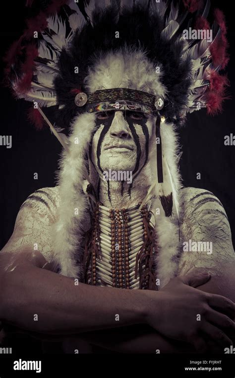 American Indian Chief With Big Feather Headdress Warrior Stock Photo