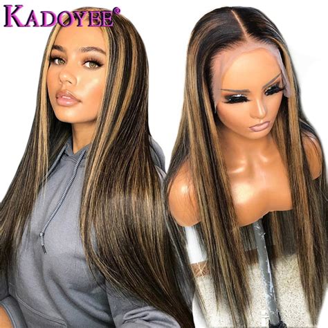 Straight Lace Front Human Hair Wig With Highlights Ombre Brown Lace Wig Pre Plucked Malaysia