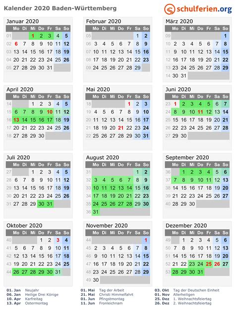 Hier finden sie kostenlose kalender mit den ferien bayern 2021, gesetzlichen feiertagen und kalenderwochen. Kalender 2020 + Ferien Baden-Württemberg, Feiertage