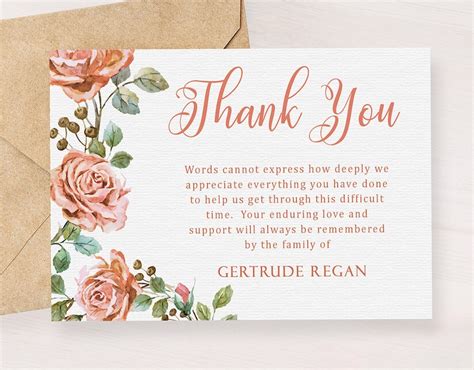 Pink Floral Funeral Thank You Card Memorial Service Editable Etsy
