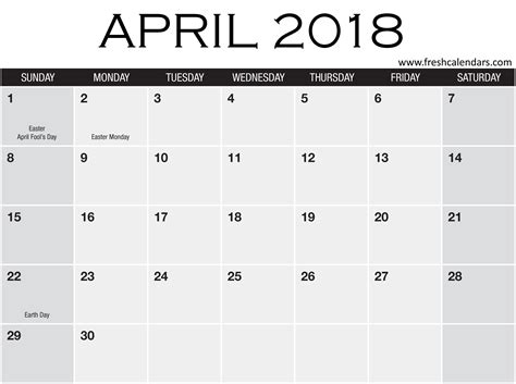 Blank April 2018 Calendar Printable Templates
