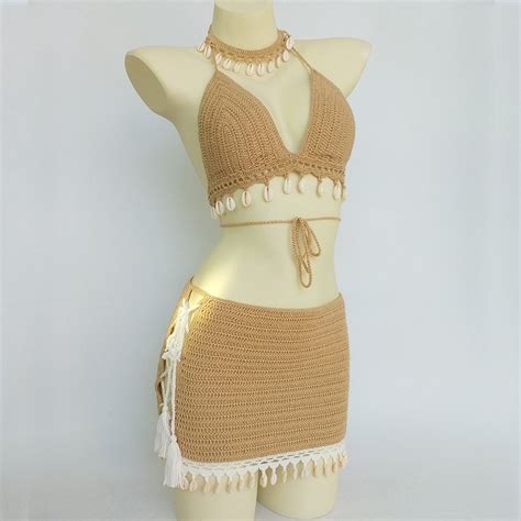 3pcs bikini set woman crochet shell tassel bikini top and seashell ankle chain sexy beach skirt