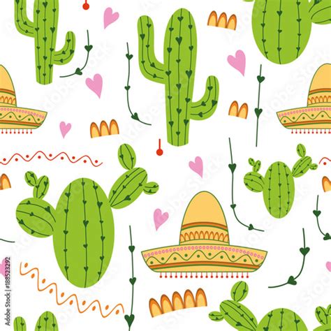 Cute Mexican Seamless Pattern With Cactus Sombrero In Green Yellow