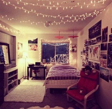 String lights attached to the ceiling and wall to light up this sleeping corner. Lights. Pictures. Typical hipster bedroom. I love the ...