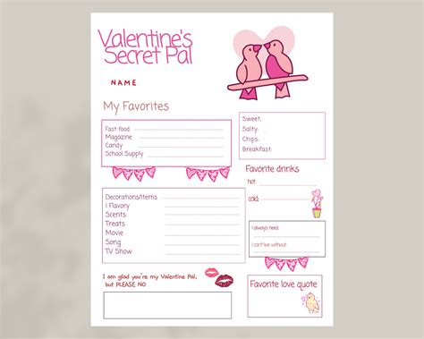 Valentines Day Secret Pal Questionnaire Printable Etsy