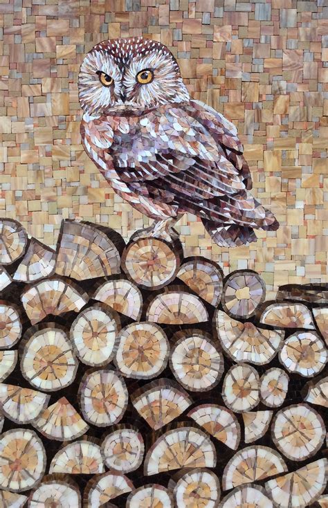 Mosaic Owl On The Wood Fragment Of The Panel Owl Mosaic Tree Mosaic