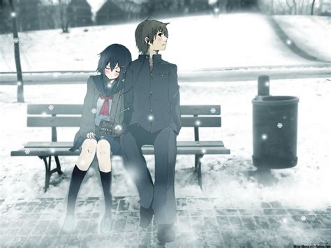Anime Couple Sitting On A Bench In The Snow Manga Couples Cute Anime