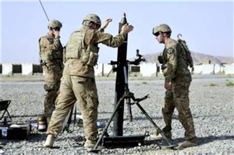 Army Mortar Men Fire A 120mm Mortar During Force Protection And