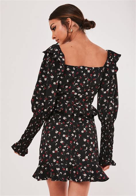 Black Floral Shirred Milkmaid Mini Dress Missguided