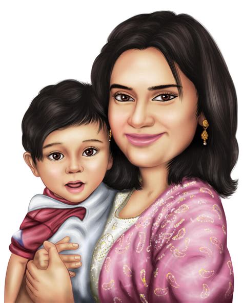 Mother And Son Caricature Drawing