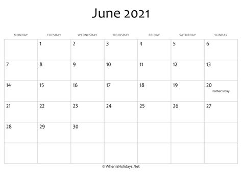 June 2021 Calendar Printable With Holidays Whenisholidaysnet