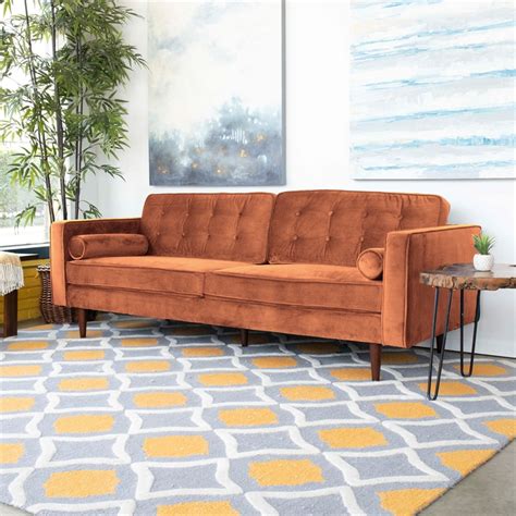 Mid Century Modern Harriet Burnt Orange Velvet Sofa Ash