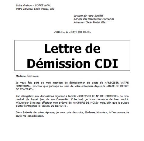 Lettre Demission Sans Preavis Word Doc Cours Génie Civil Outils