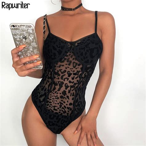 Rapwriter Sexy Perspective Mesh Leopard Bodysuits Women 2019 New Spring V Neck Sleeveless