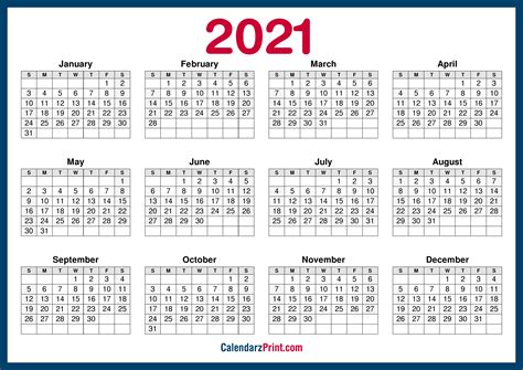 Each month prints on one tidy full color page that is ready to hang on the wall or go into your binder. 2021 Calendar Printable Free, Horizontal, HD, Navy Blue ...