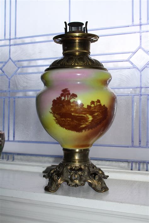 Antique Victorian Oil Lamp 1800s Glass And Brass With Country Scene