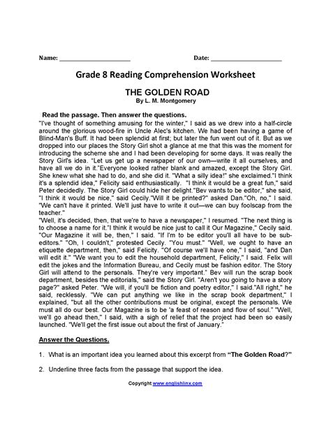 8th Grade Reading Comprehension Worksheet