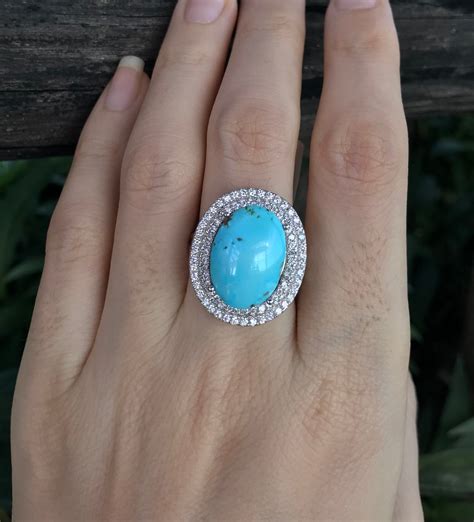 Turquoise Large Oval Halo Engagement Ring Genuine Turquoise Promise