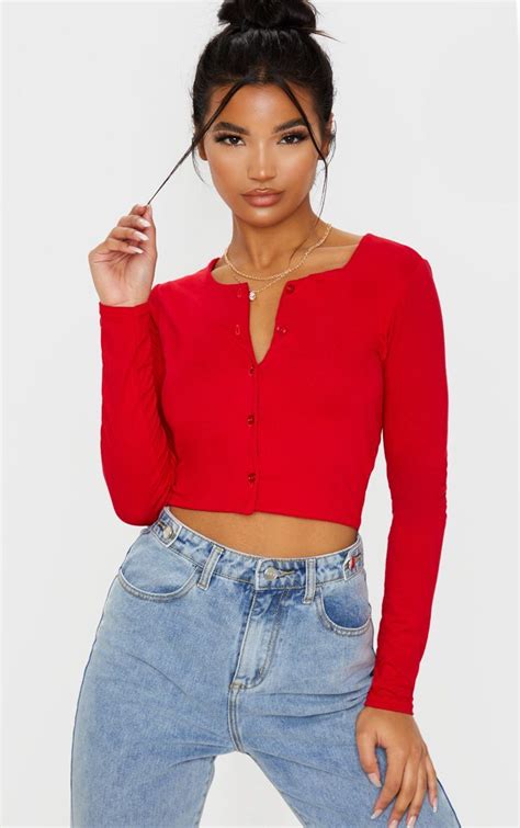 Red Button Front Long Sleeve Crop Top 30 00 Aud Red Crop Top Outfit Crop Top Outfits Long