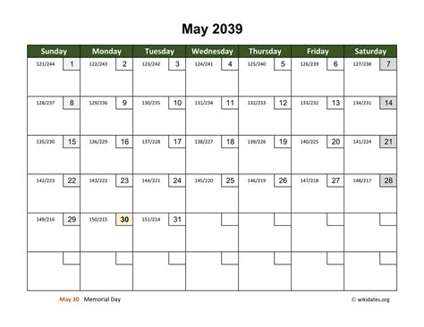 May 2039 Calendar With Day Numbers