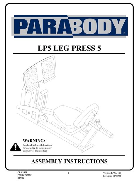 Parabody Leg Press 5 Assembly Instructions Manual Pdf Download Manualslib