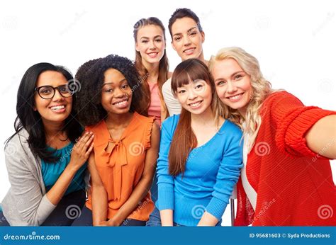 International Group Of Happy Women Taking Selfie Stock Image Image Of Beautiful Hispanic