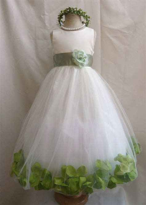 Flower Girl Dress Ivory Rose Petal Dress With Green By Luunikids