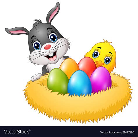Easter Rabbit With Chicks And Colorful Eggs In The