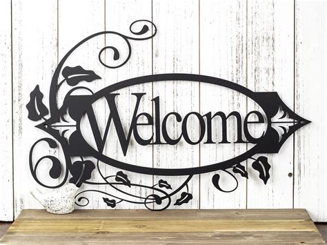 Welcome Metal Sign With Vines Black 198x1315 Metal Wall Art
