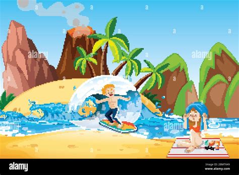 Ocean Scene With People Having Fun On The Beach Illustration Stock Vector Image And Art Alamy