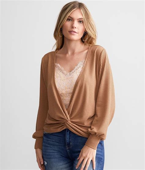 Daytrip Twisted Front Top Womens Shirtsblouses In Tawny Brown Buckle