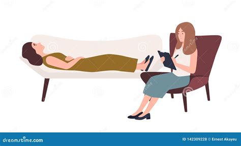 Woman Lying On Sofa And Female Psychologist Psychoanalyst Or