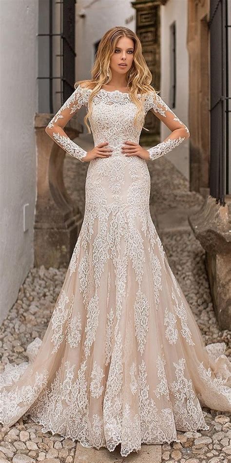 lace wedding dresses fit and flare with illusion long sleeves lace blush navibluebridal official